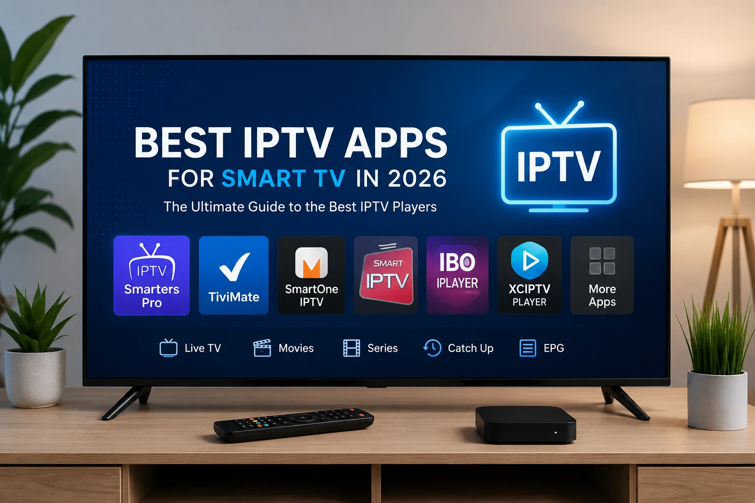Best IPTV Apps for Smart TV 2026 comparison guide featuring IPTV Smarters Pro, TiviMate, SmartOne IPTV, Smart IPTV, IBO Player, XCIPTV, and OTT Navigator