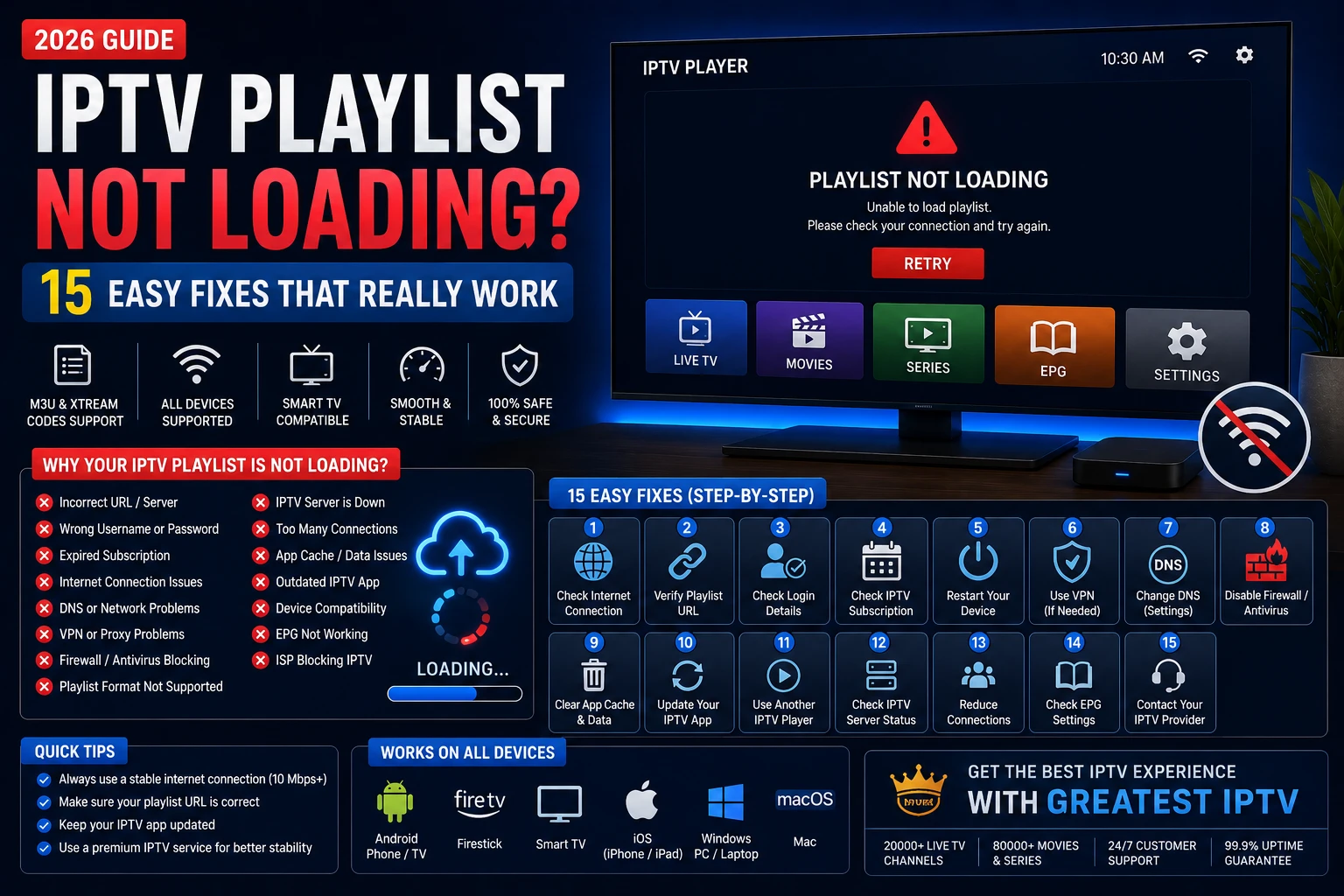 IPTV playlist not loading troubleshooting guide with Smart TV app comparison